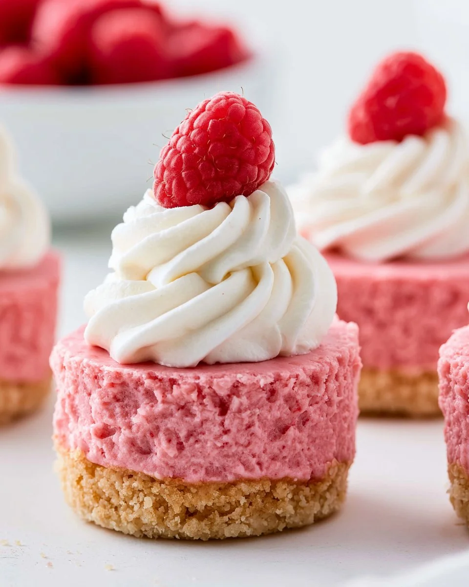 Delicious raspberry cheesecakes topped with fresh raspberries and cream.