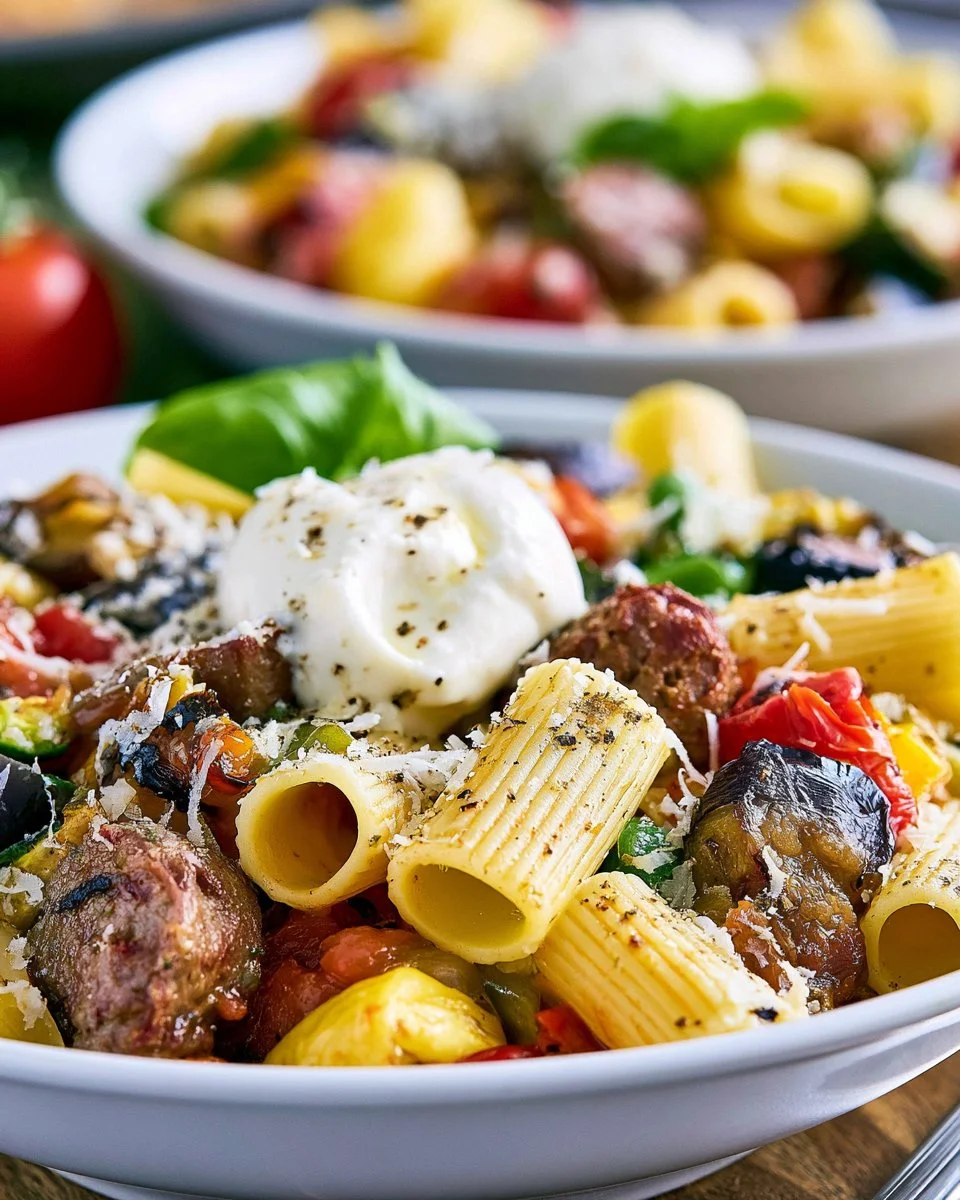 Delicious Rigatoni with Grilled Vegetables served in a bowl