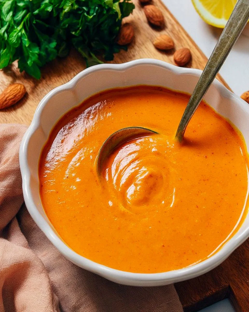 Bowl of roasted red pepper sauce next to fresh ingredients.