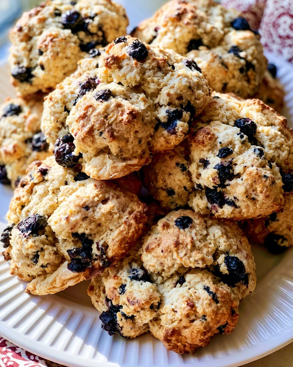 A plate of homemade rock cakes with a golden crust and raisins visible