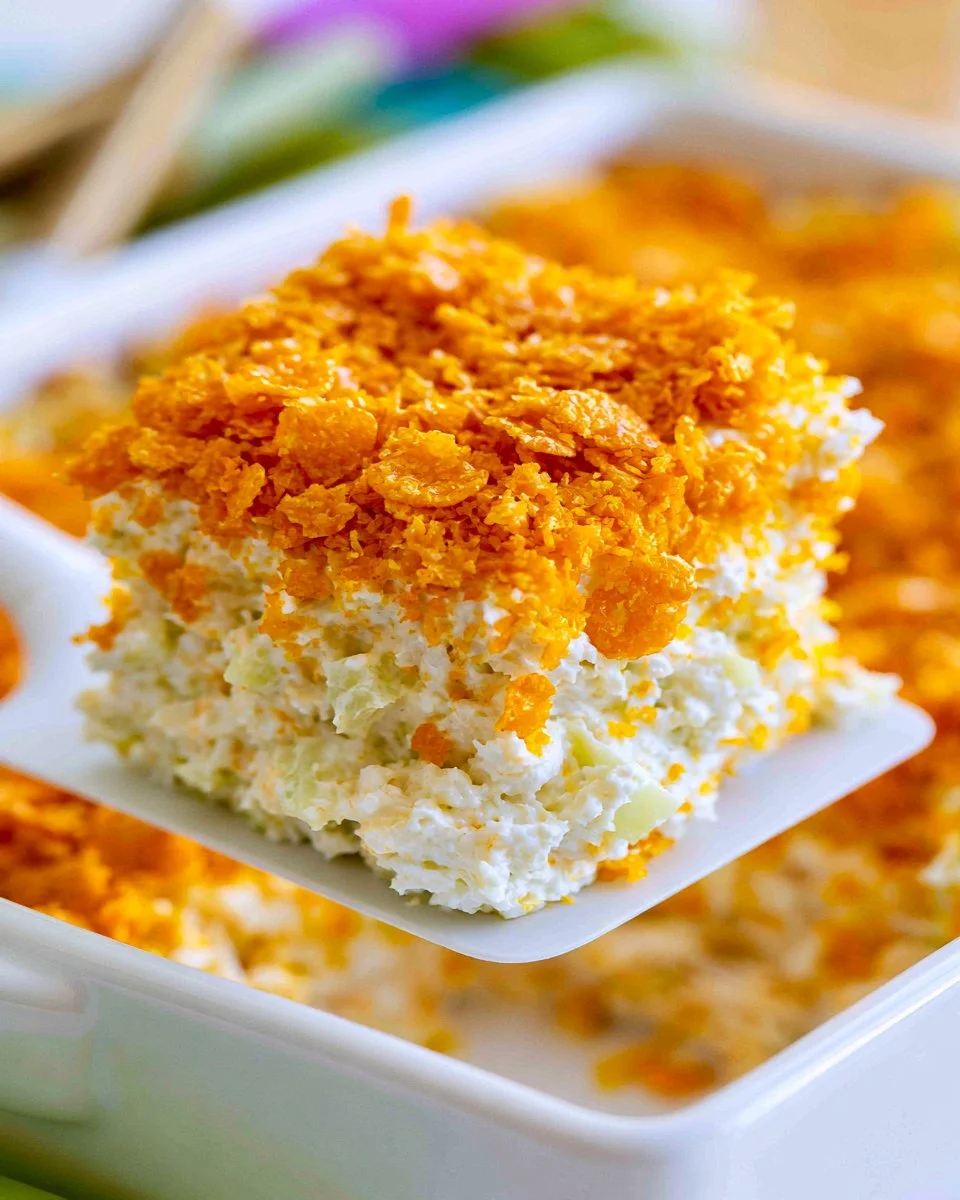 Delicious rotisserie chicken casserole topped with cheese and herbs.