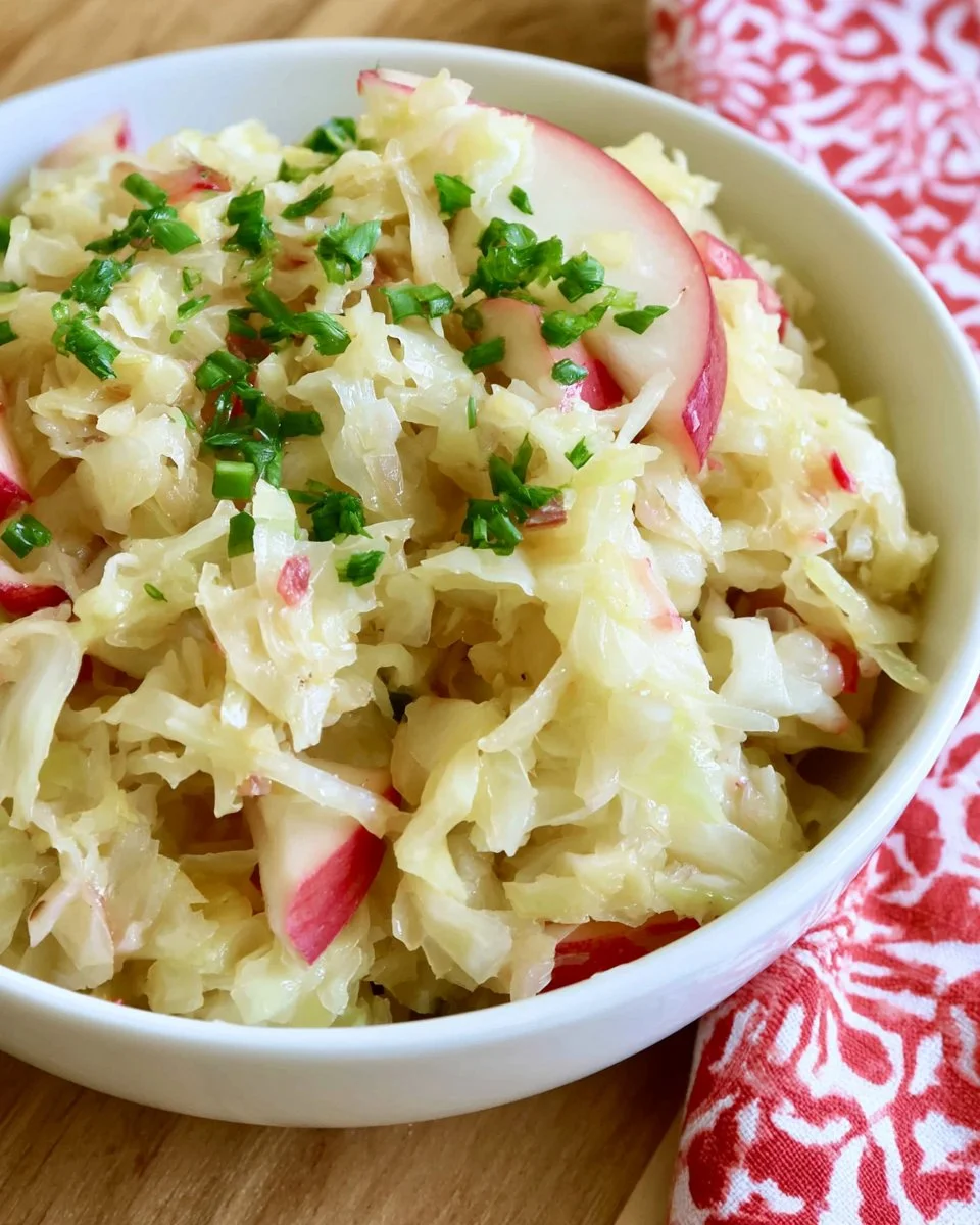 Bowl of sauerkraut apple salad with fresh apples and shredded cabbage