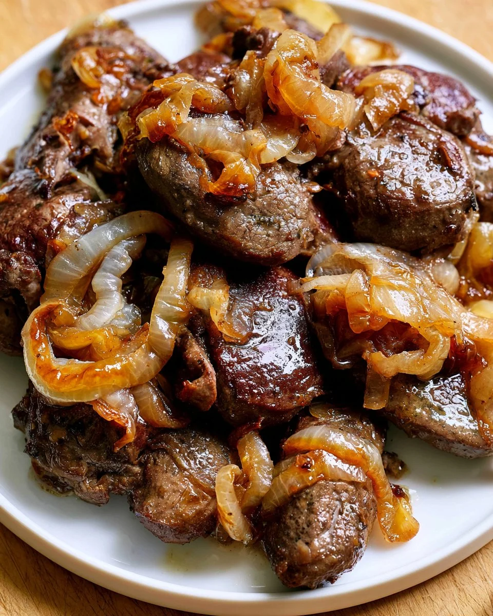 Plate of sautéed chicken livers with onions, garnished and ready to serve.