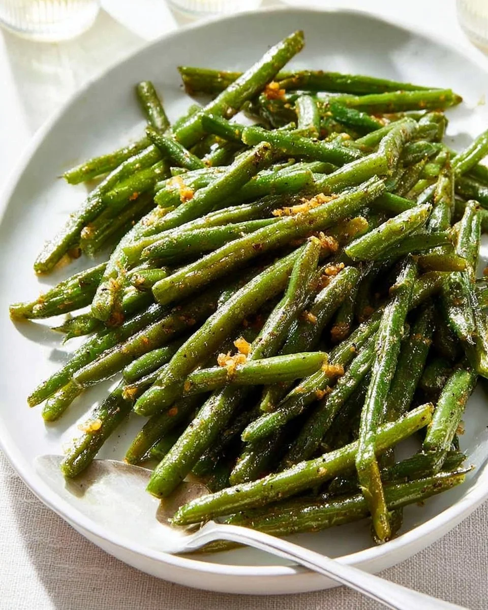 Sautéed green beans served in a skillet, garnished with herbs.