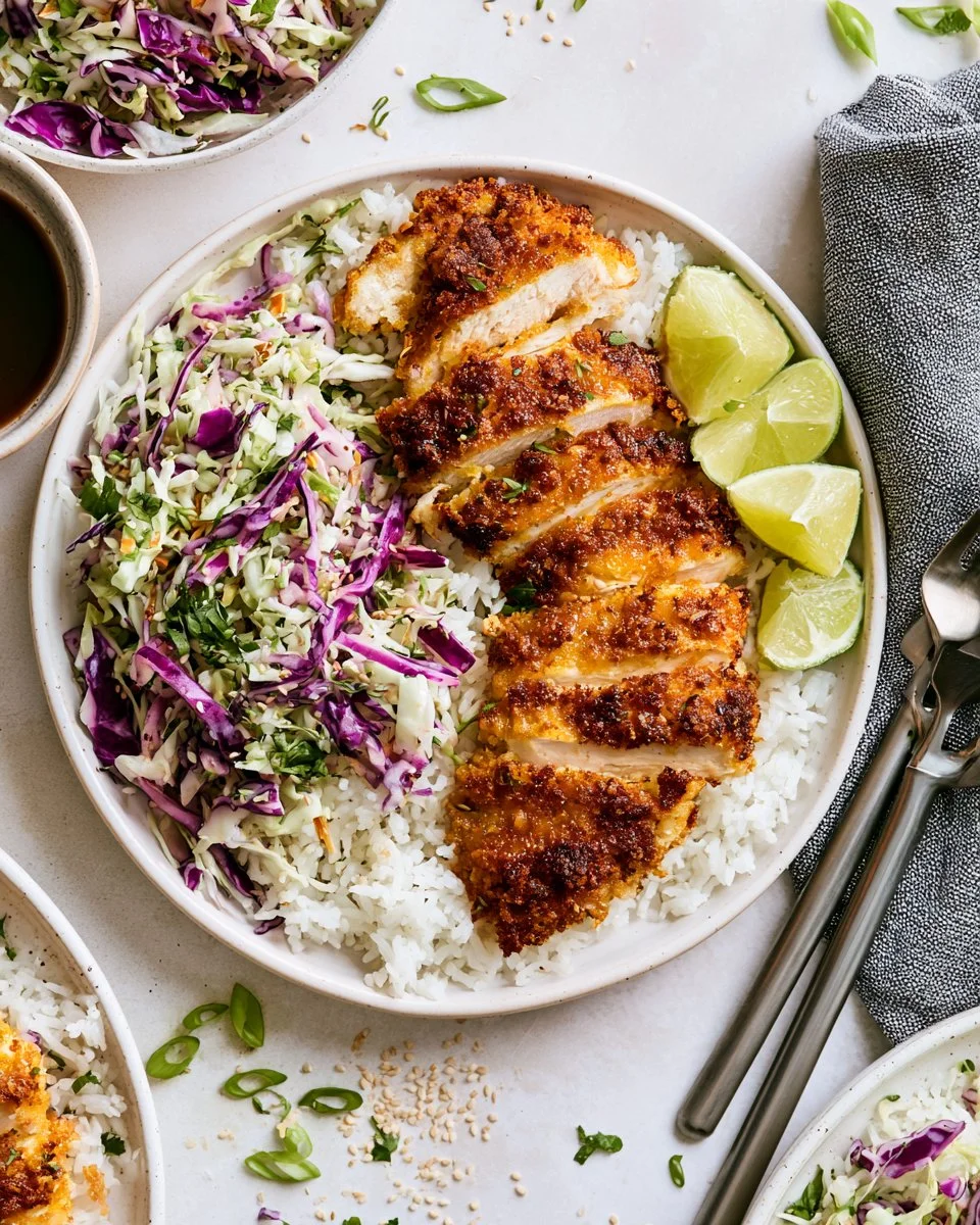 Sesame chicken coconut rice bowl with vegetables and sesame seeds