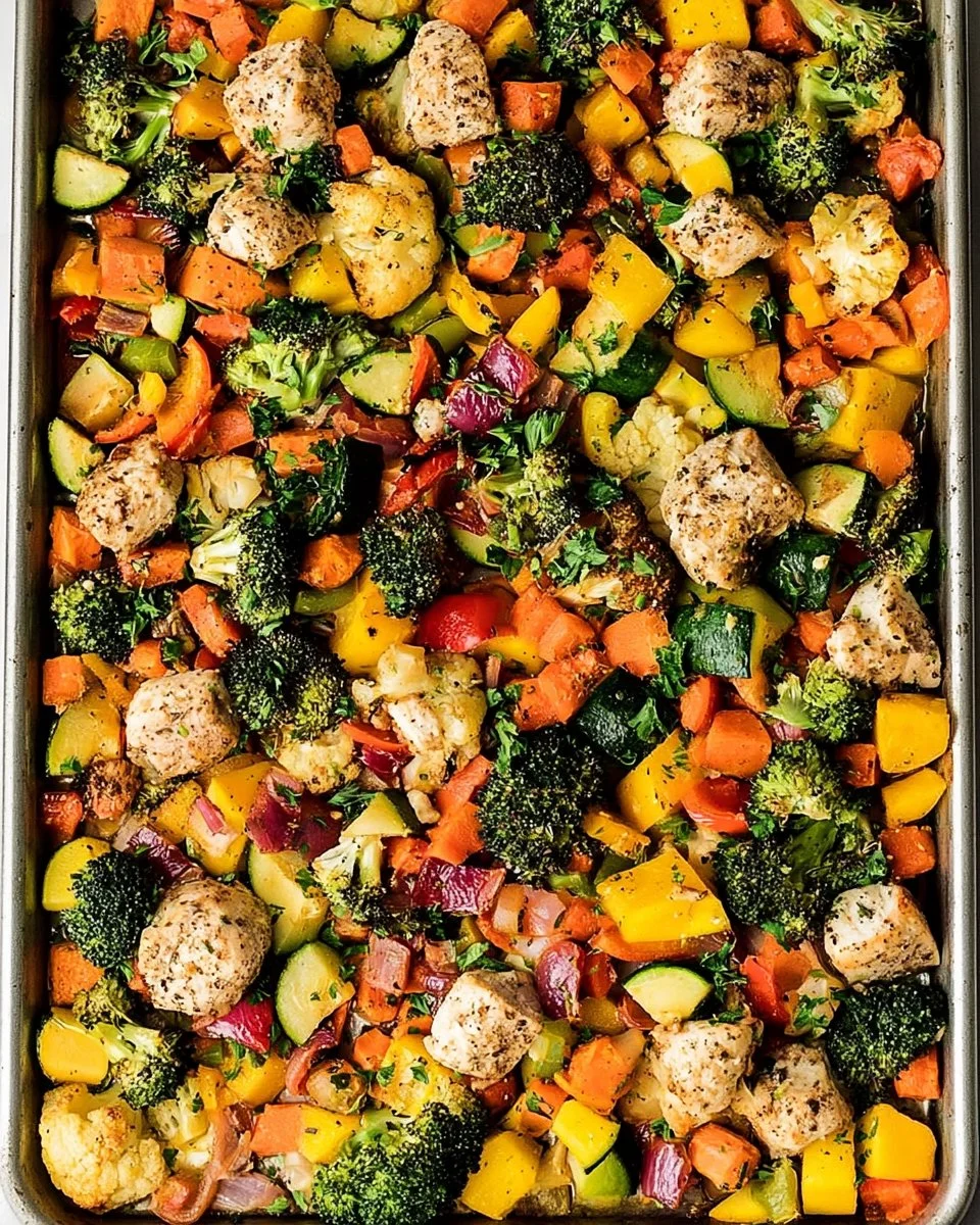 Sheet Pan Chicken with various rainbow vegetables for a healthy meal
