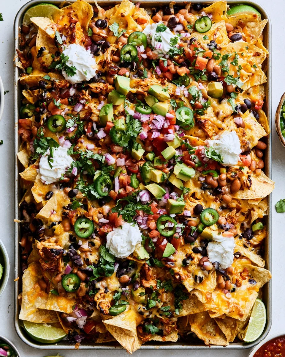 Delicious sheet pan chicken nachos topped with cheese, jalapeños, and tomatoes