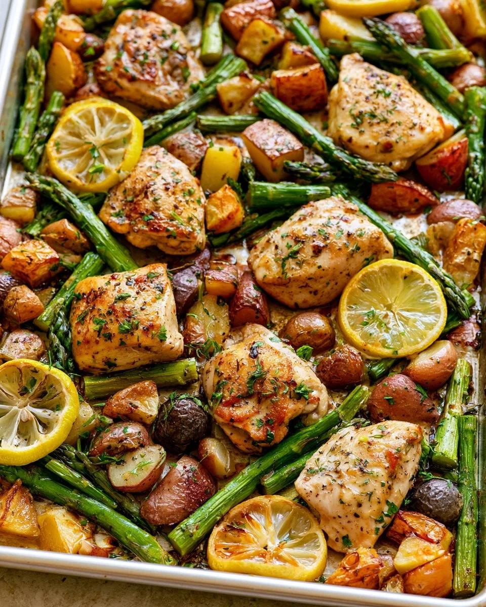 Deliciously arranged sheet pan lemon chicken with fresh herbs and vegetables