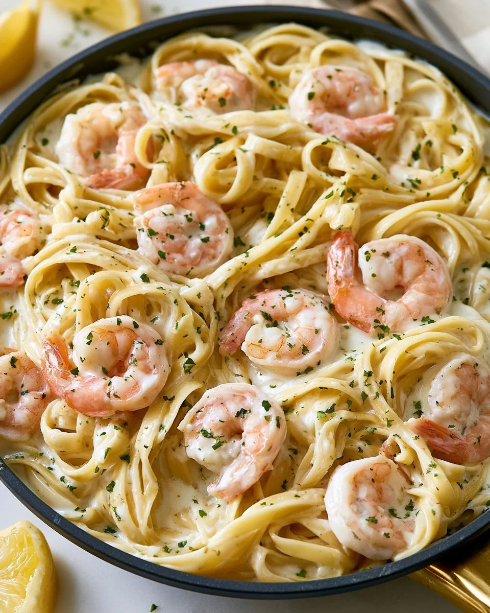 Creamy Shrimp Alfredo pasta served in a white bowl
