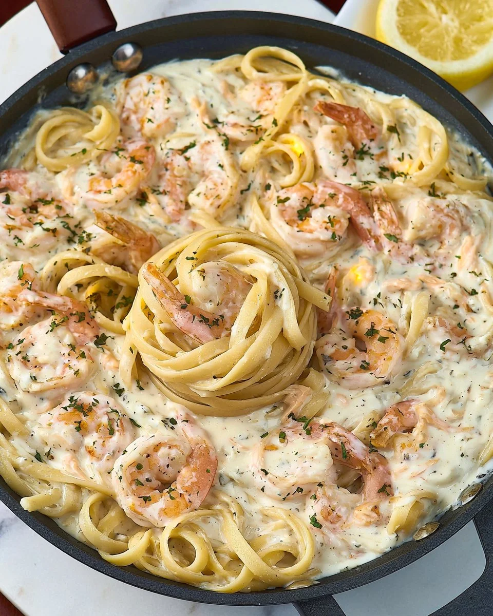 Delicious Shrimp Alfredo with pasta and creamy sauce