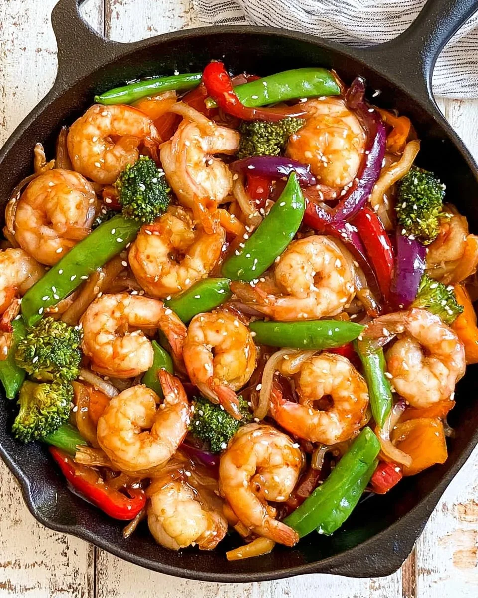 Shrimp stir fry with honey sriracha sauce served in a colorful dish