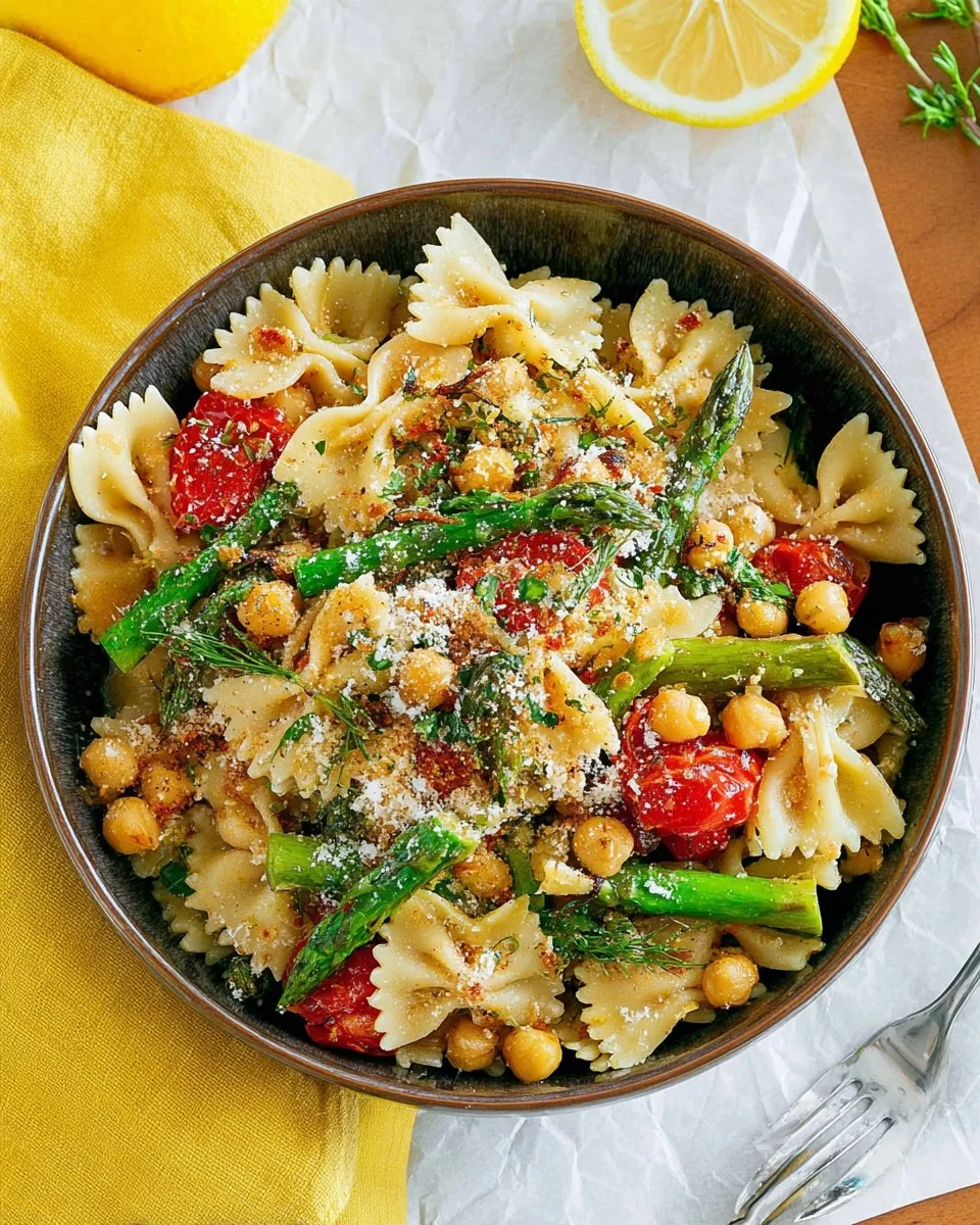 Plate of simple lemon asparagus pasta with fresh herbs