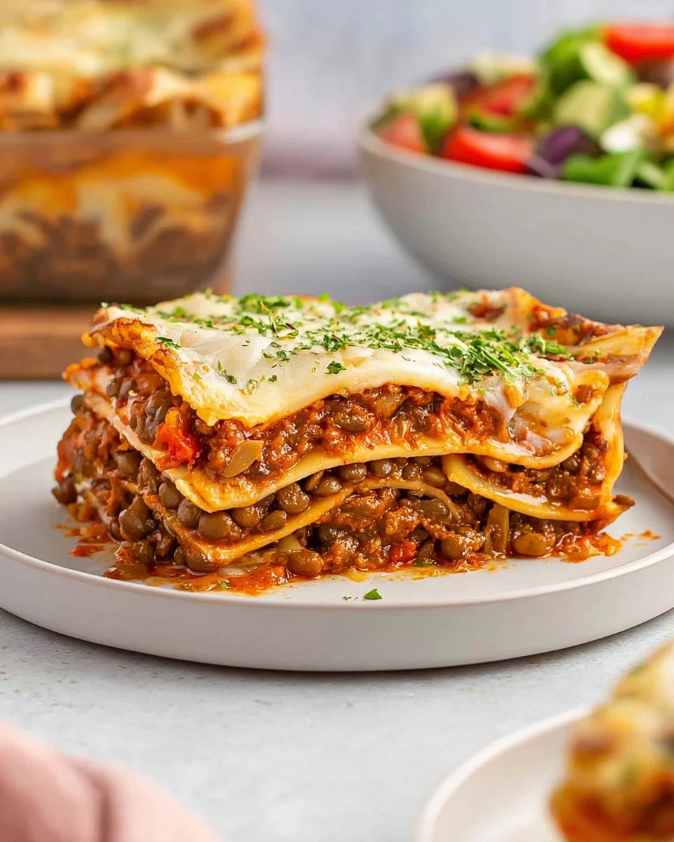 A delicious vegan lasagna made with lentil meat and layers of vegetables and sauce.