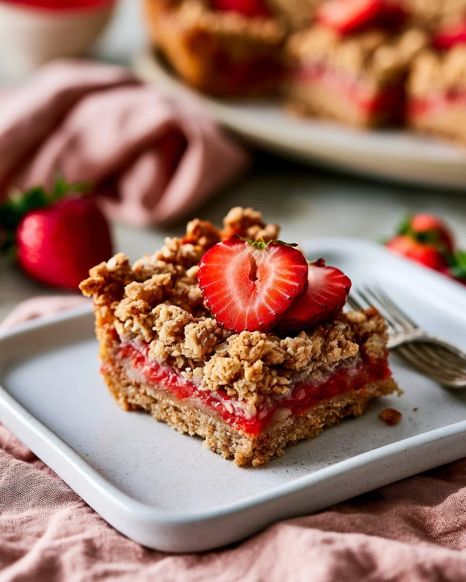 Deliciously simple vegan strawberry oat bars ready to be enjoyed.