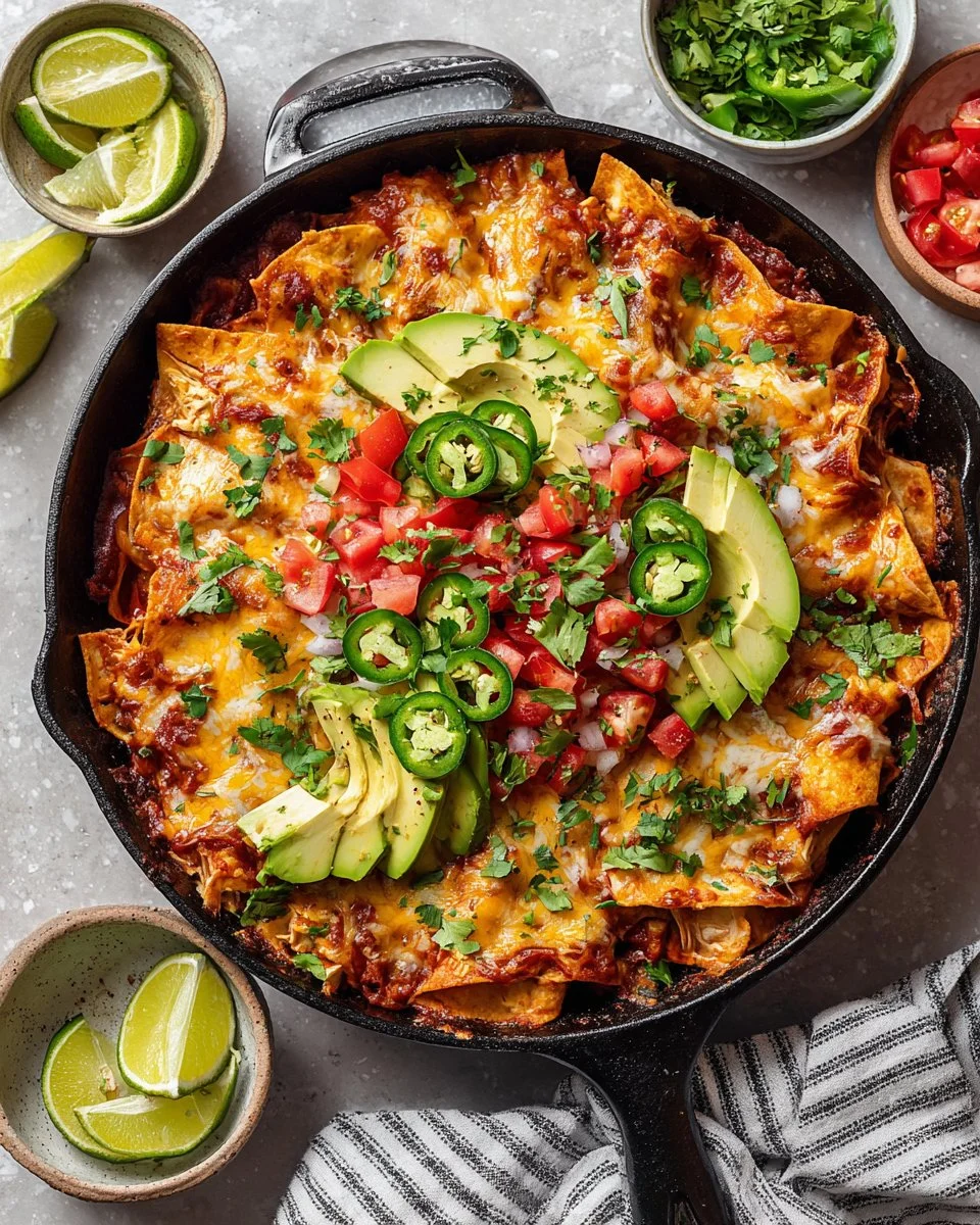 Skillet chicken enchiladas topped with cheese and fresh ingredients