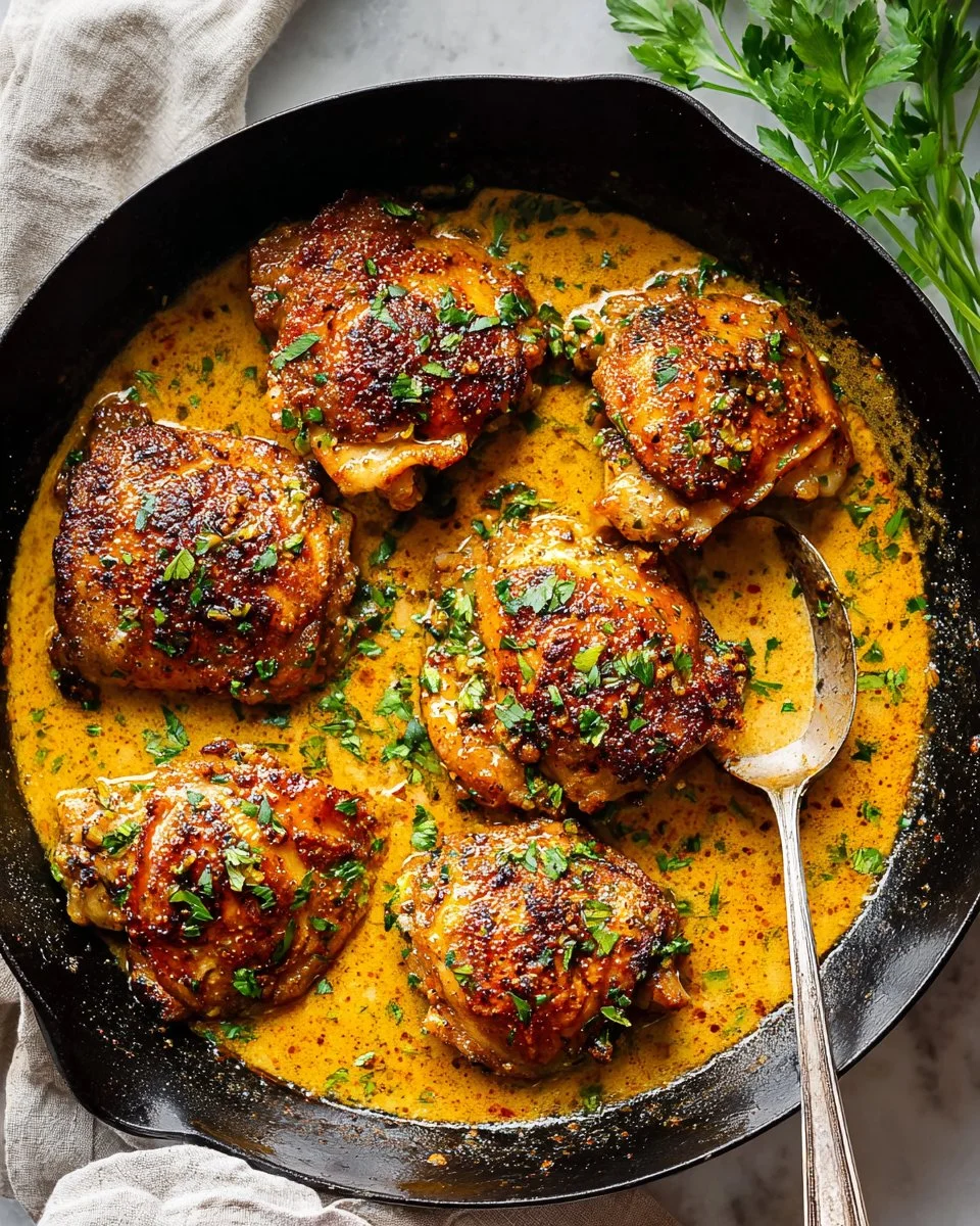 Delicious skillet chicken thighs cooked to perfection in a frying pan.