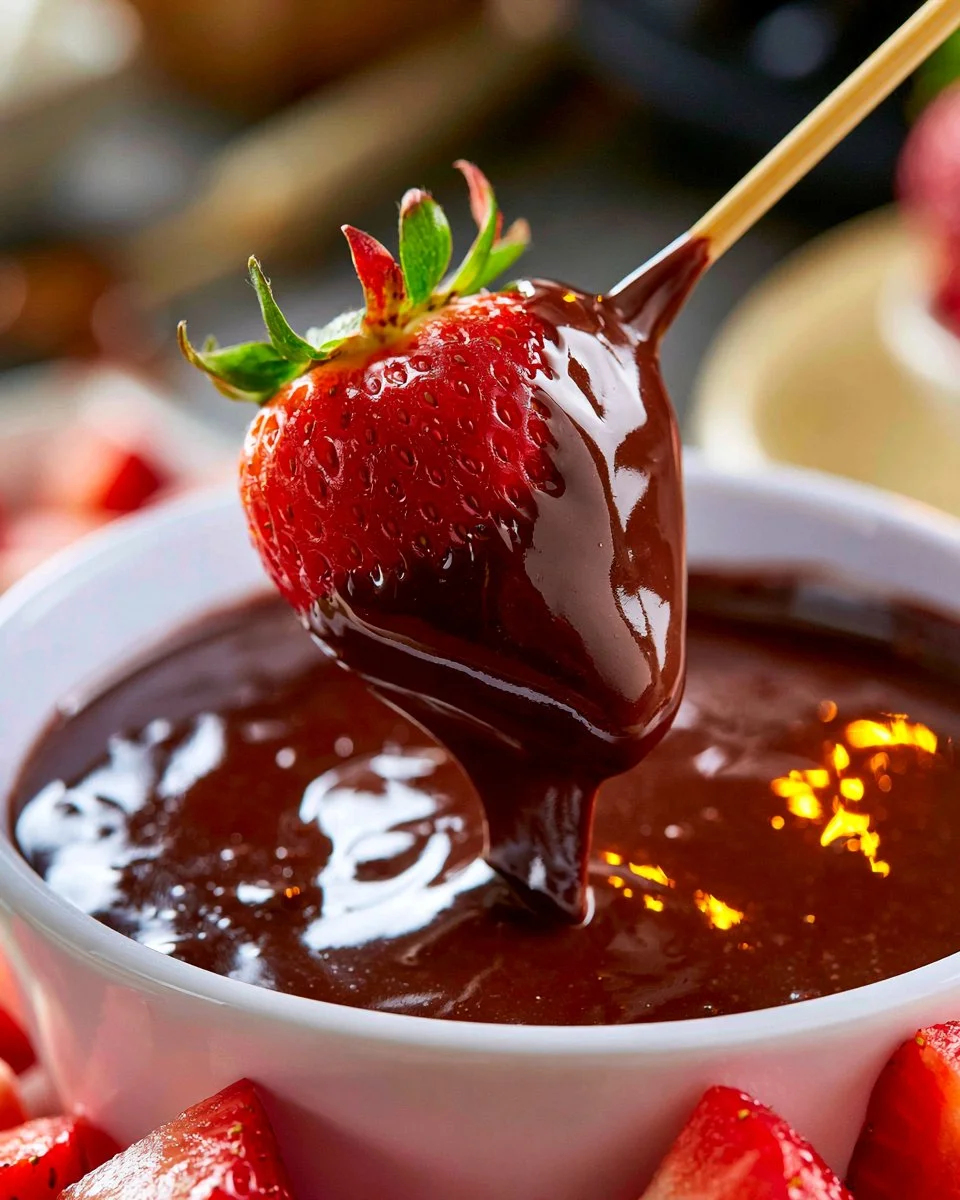 A bowl of smooth, melted chocolate fondue with fresh fruit and marshmallows for dipping.