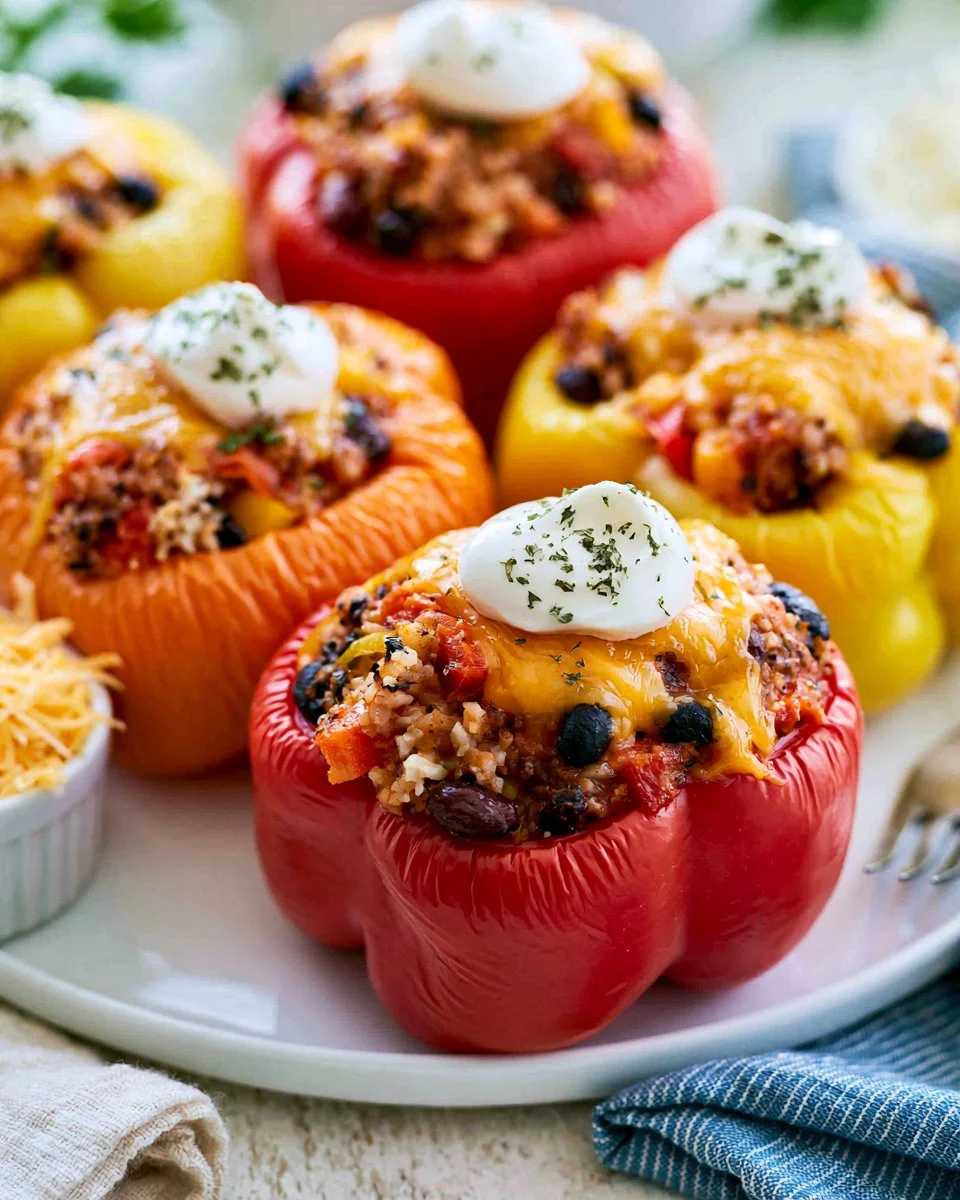 Slow Cooker Mexican Stuffed Peppers filled with rice, beans, and spices.
