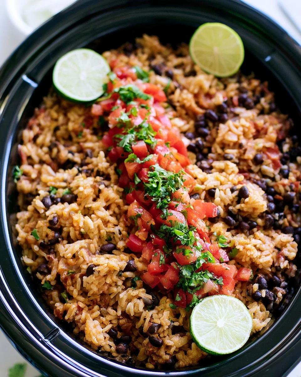 Delicious slow cooker rice and beans ready to serve.