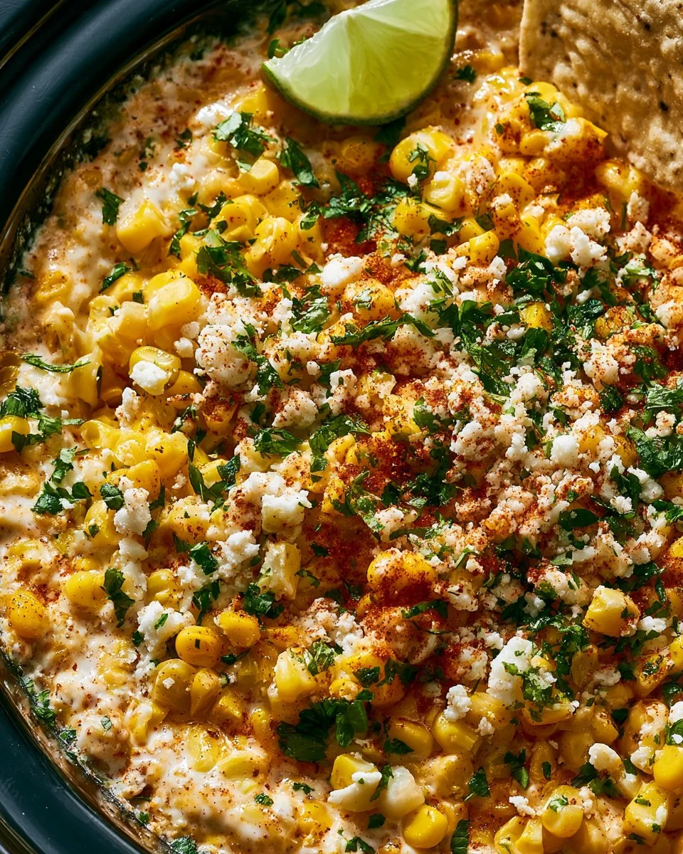 Delicious Slow Cooker Street Corn Dip served in a bowl with tortilla chips.