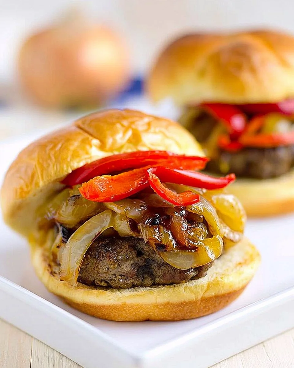 Delicious Smoky Pepper and Onion Cheeseburger with toasted bun and toppings