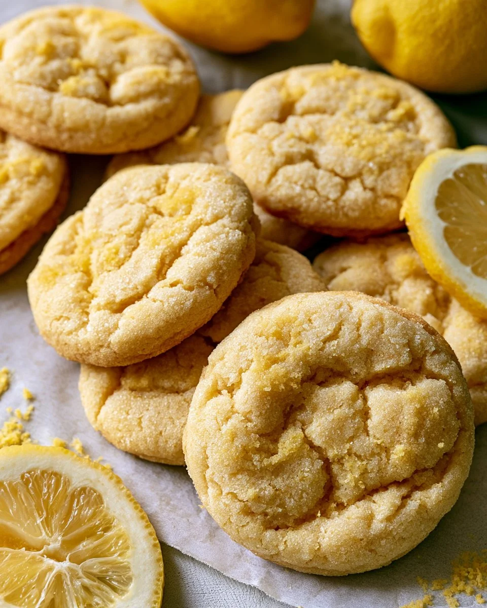 Soft lemon cookies fresh out of the oven with a sprinkle of powdered sugar
