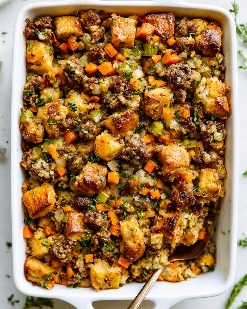 Delicious homemade sourdough stuffing served in a baking dish.