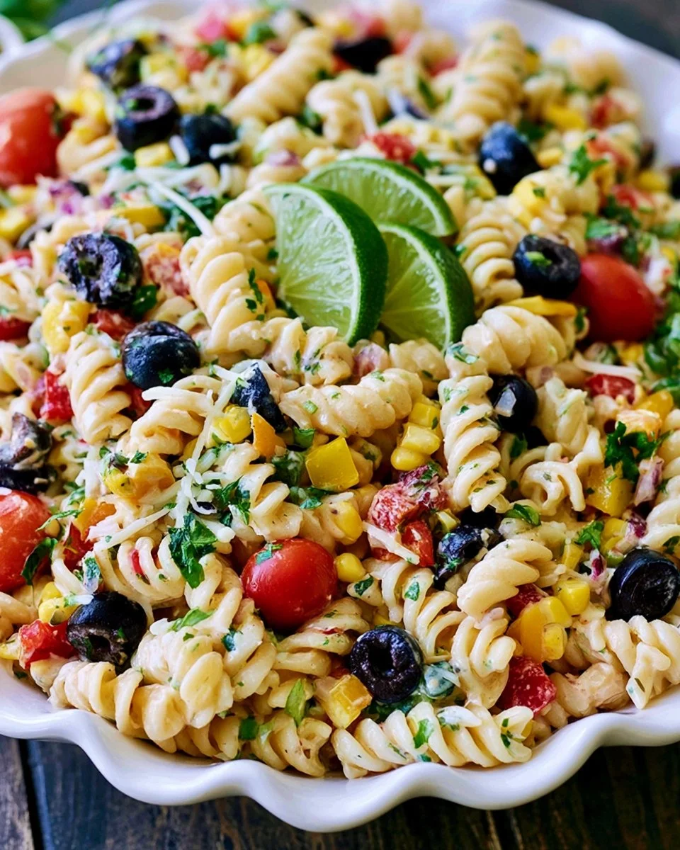 Colorful Southwest Ranch Pasta Salad with vegetables and dressing