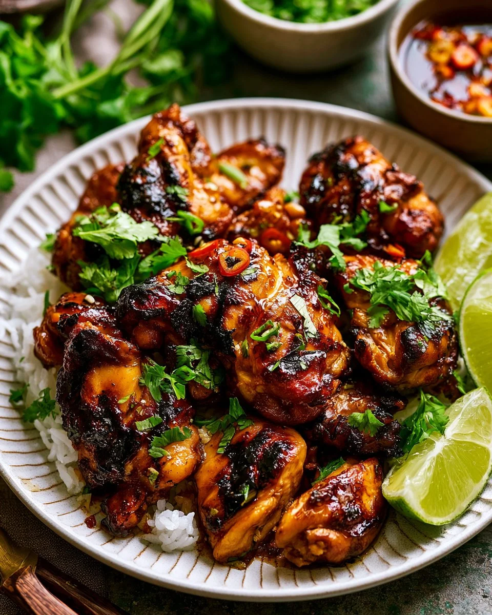 Delicious soy ginger chicken garnished with fresh herbs and served on a plate