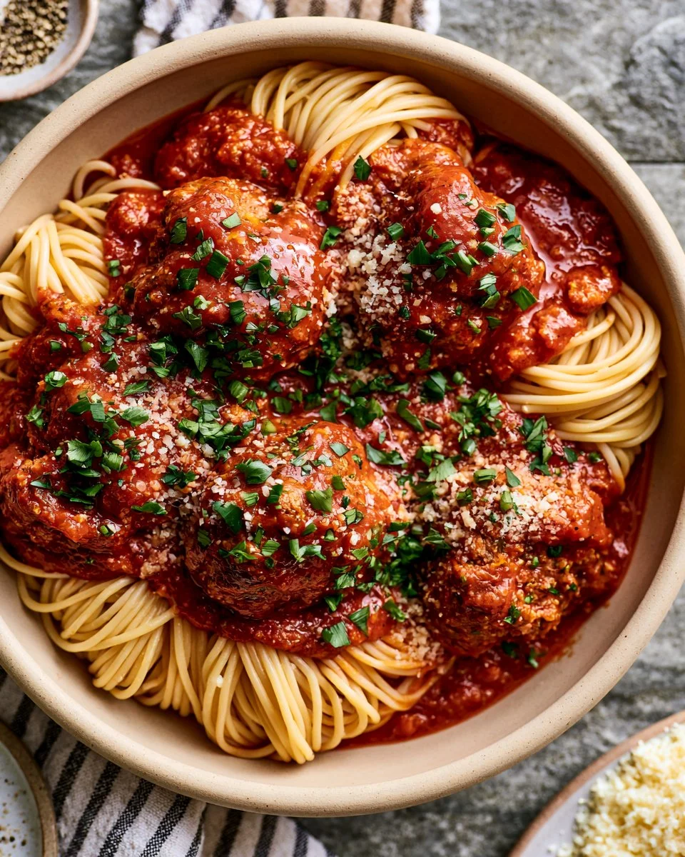 Plate of spaghetti and meatballs with marinara sauce and basil
