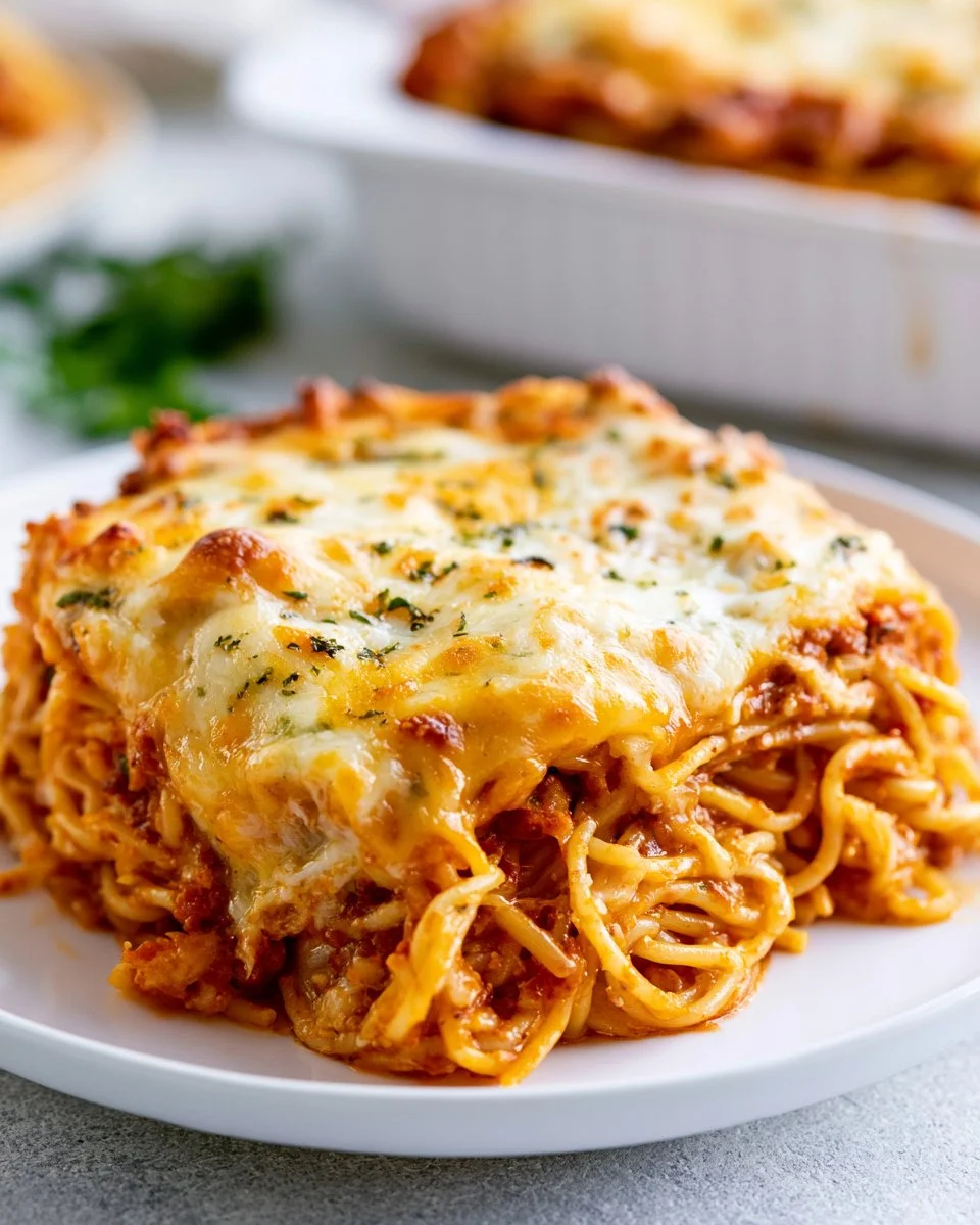 A delicious slice of spaghetti pie served on a plate with herbs.