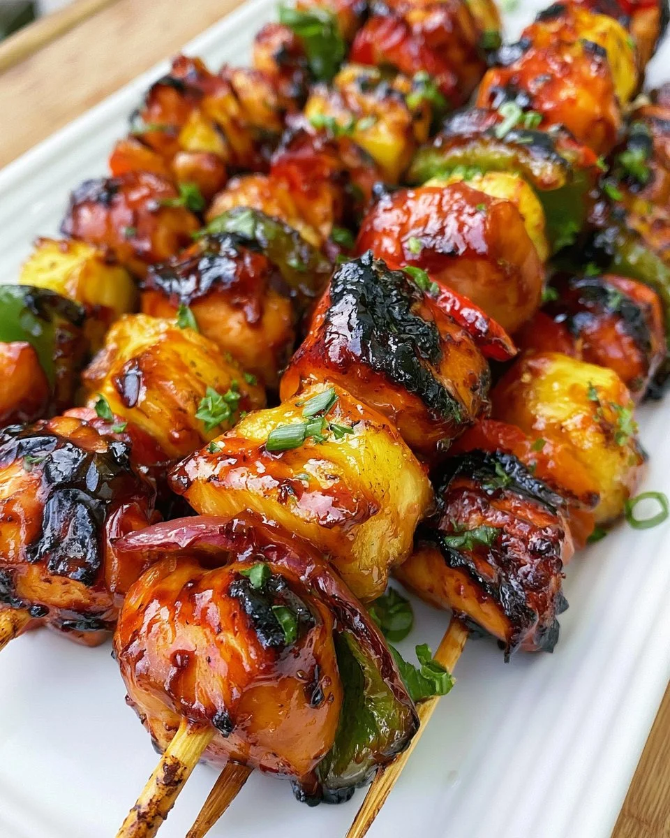 Delicious Spicy Honey BBQ Glazed Chicken Skewers on a serving platter