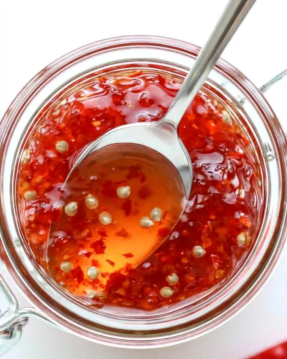 Bowl of vibrant spicy sauce garnished with herbs and spices.