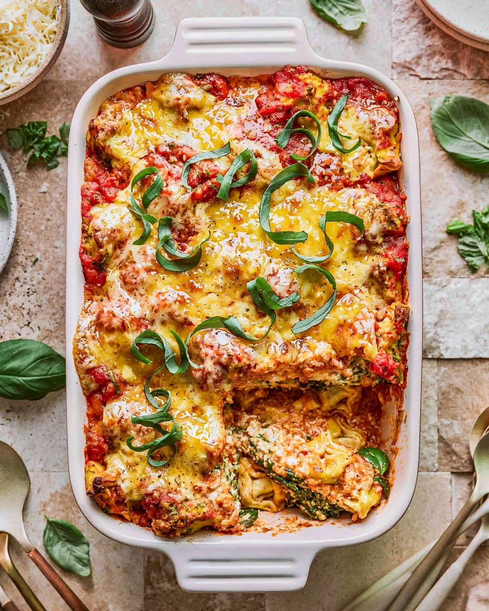 Baked Spinach Ricotta Tortellini dish garnished with herbs