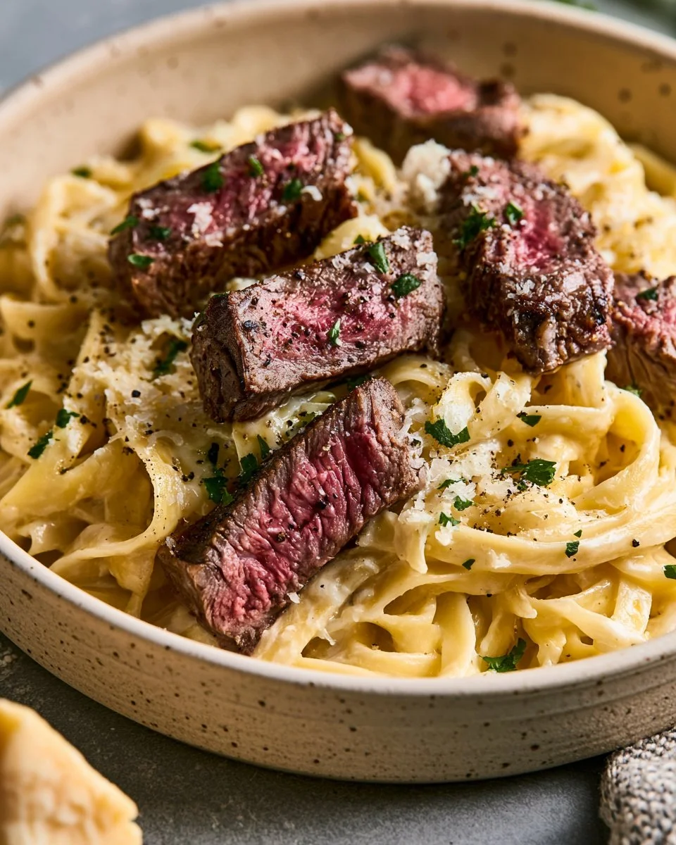 Delicious Steak Alfredo with tender steak pieces and creamy sauce
