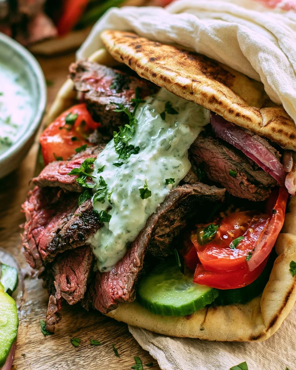 Steak Gyros with Tzatziki Cucumber Sauce served on a plate