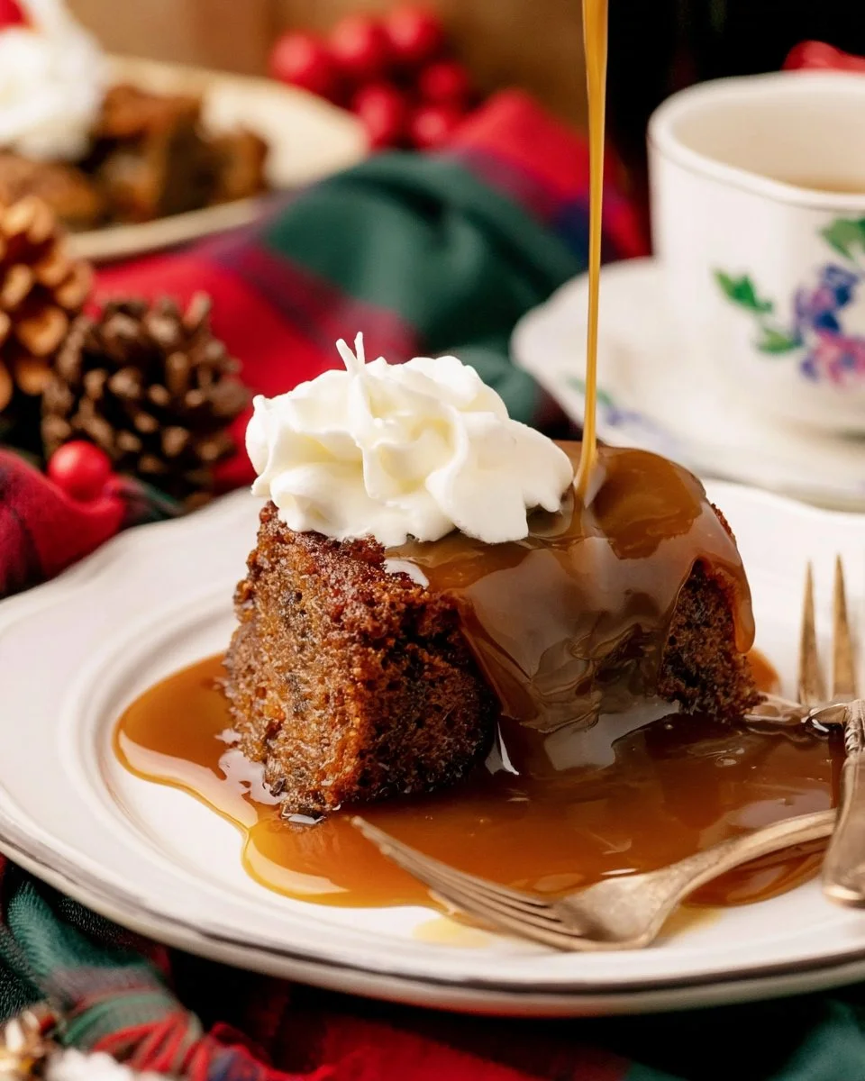 Delicious homemade Sticky Toffee Pudding served with luscious toffee sauce