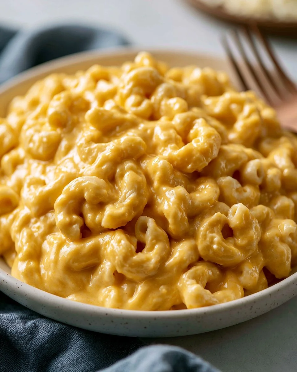Creamy stovetop mac and cheese in a bowl with cheese melting on top