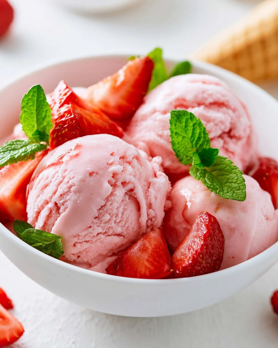 Delicious strawberry ice cream topped with fresh strawberries in a bowl