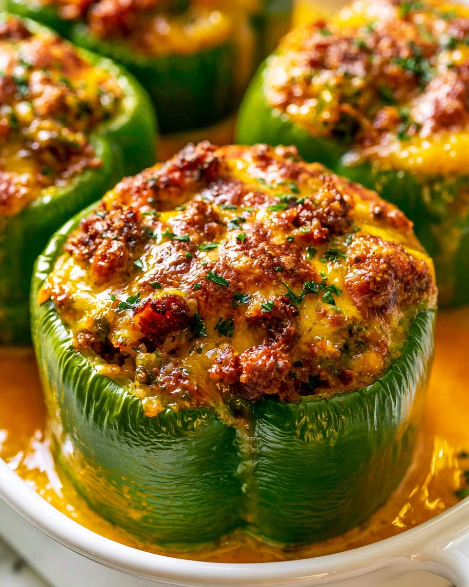 Colorful stuffed bell peppers filled with a savory mixture of rice and vegetables.