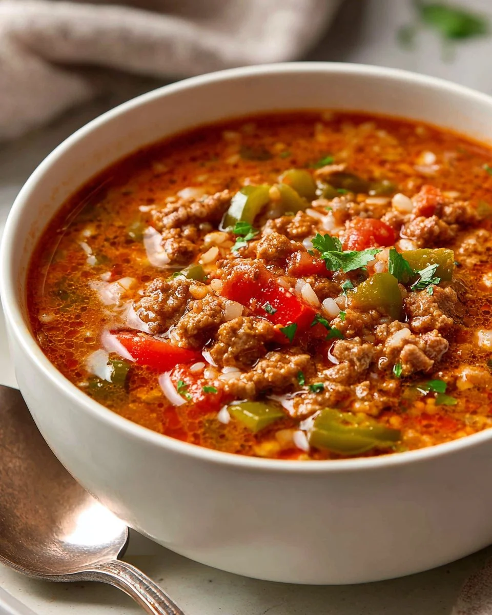 A bowl of hearty stuffed pepper soup with colorful bell peppers and grains.