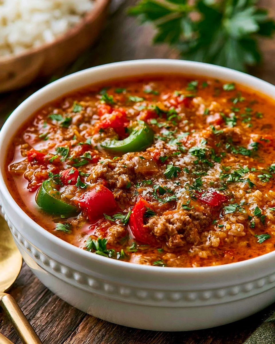 Bowl of flavorful Stuffed Pepper Soup with colorful peppers and herbs