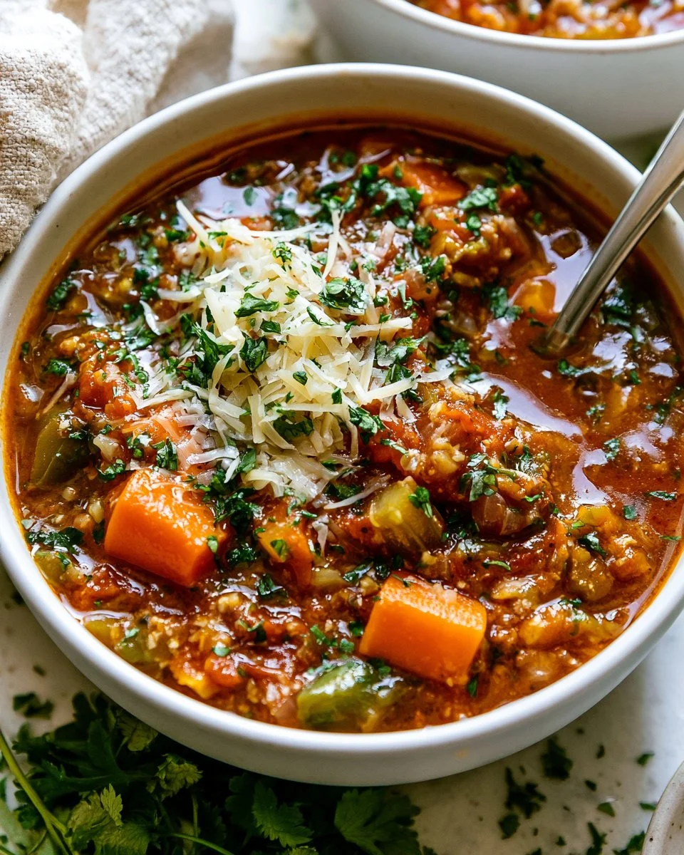 Bowl of stuffed pepper soup with colorful peppers and fresh herbs