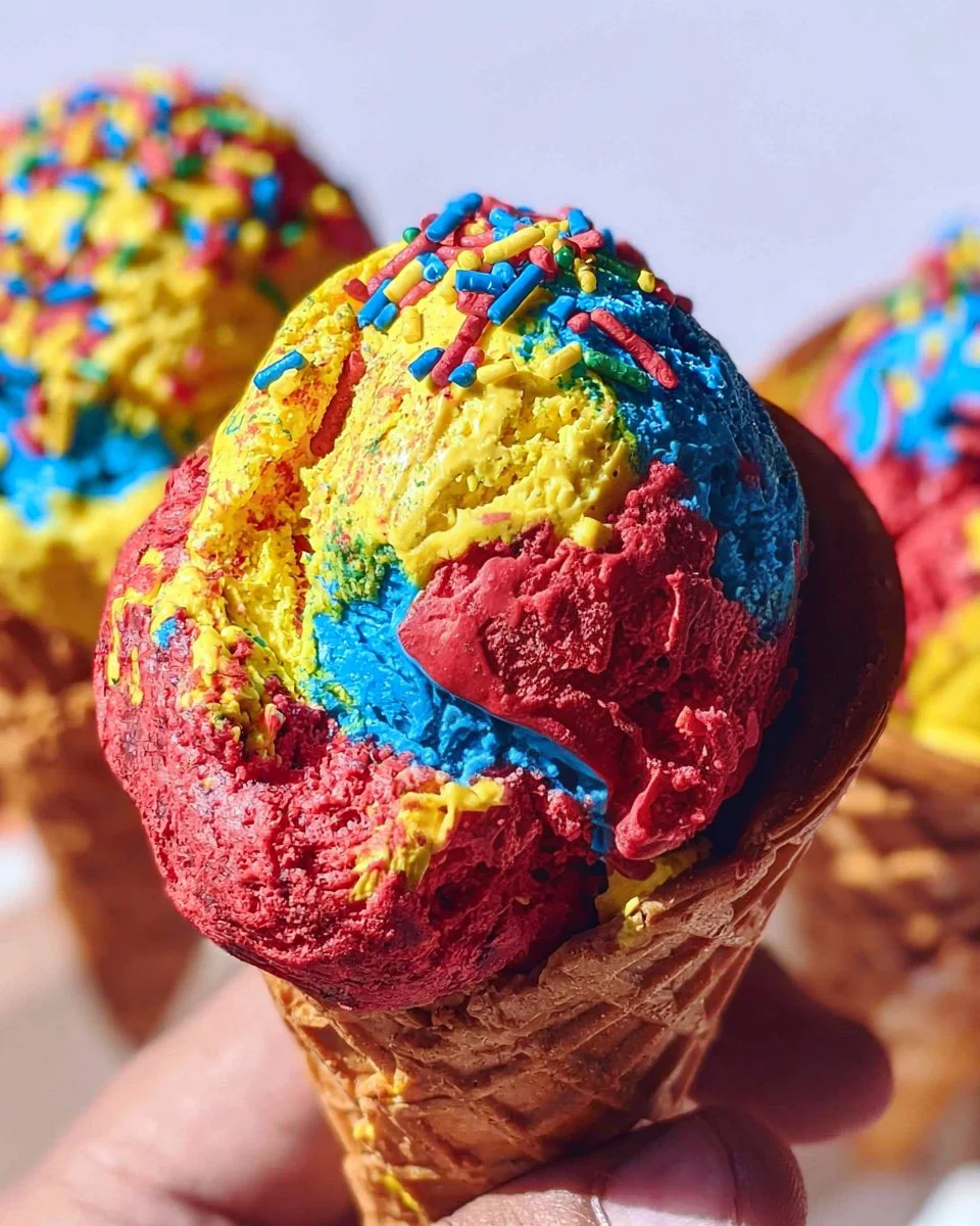 A colorful scoop of Superman Ice Cream featuring blue, red, and yellow swirls.