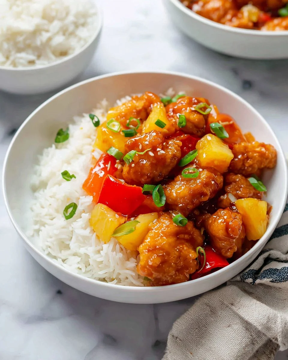 Delicious sweet and sour chicken served with colorful vegetables