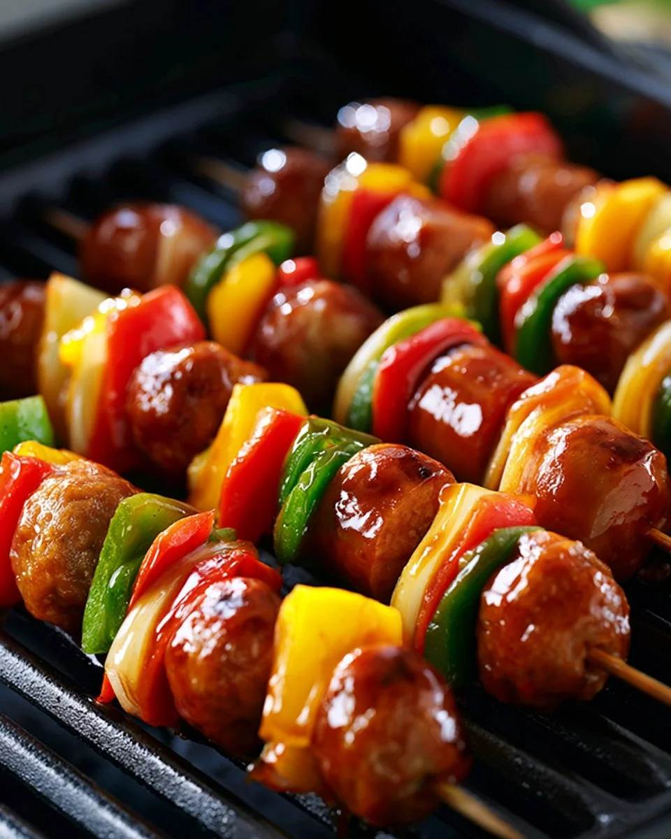 Delicious sweet and sour meatball kabobs on skewers