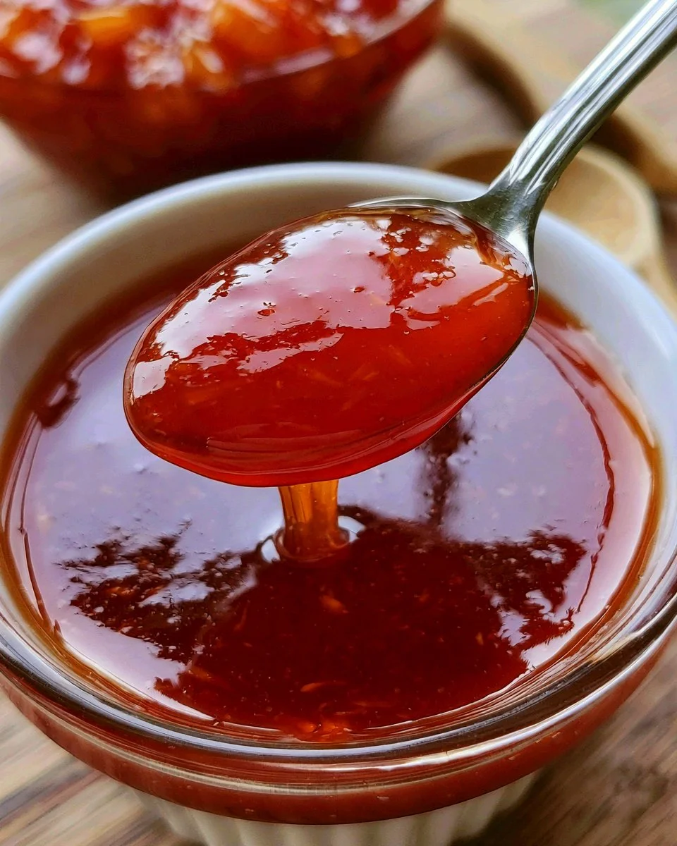 Homemade sweet and sour sauce served in a bowl with colorful ingredients