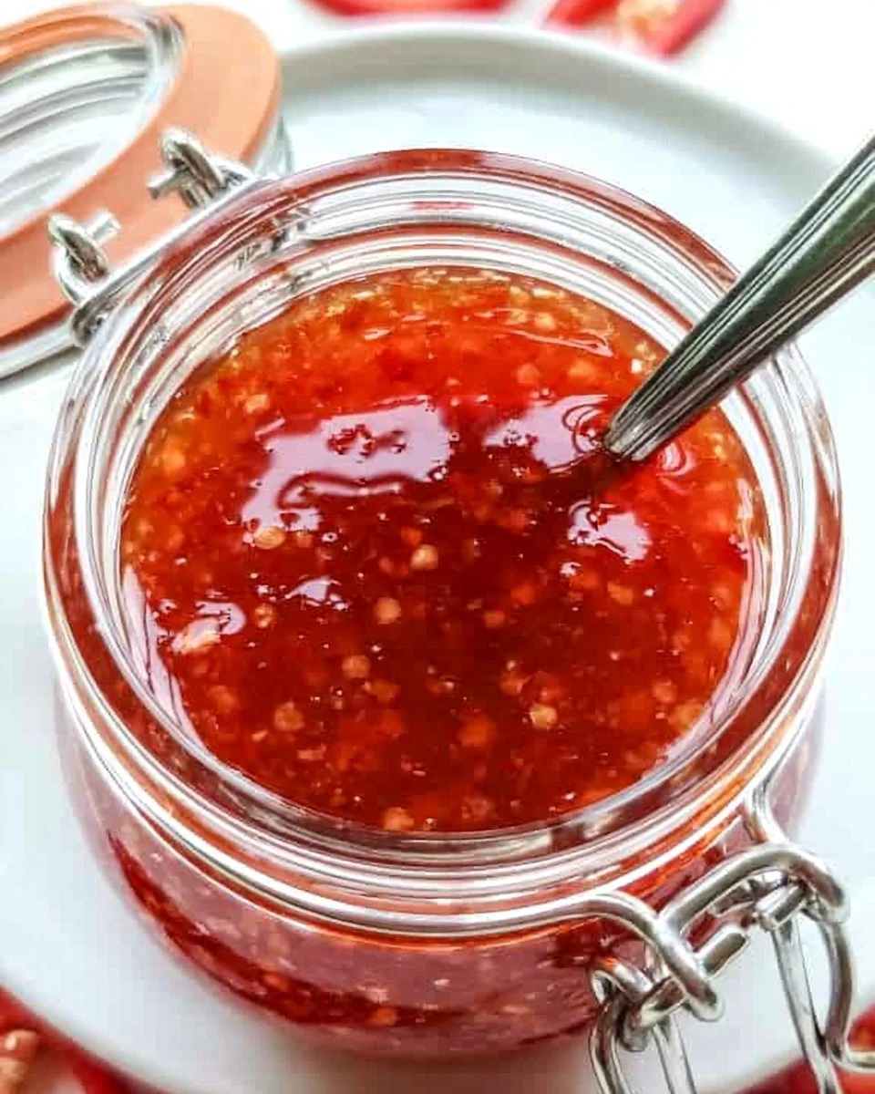 Bottle of homemade sweet chili sauce with chili peppers and garlic