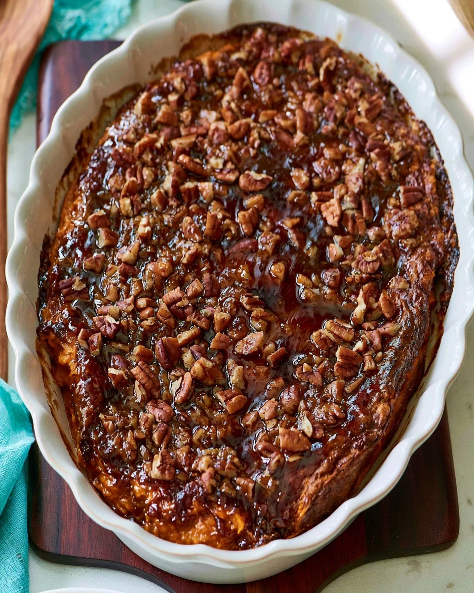 Delicious sweet potato souffle served in a baking dish
