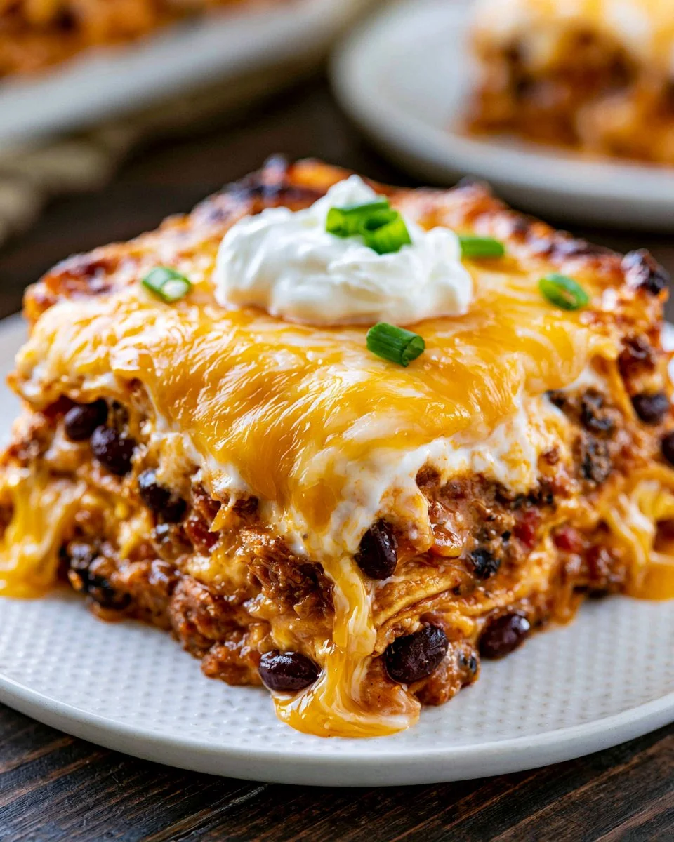Delicious Taco Lasagna layered with beef, cheese, and taco seasoning.